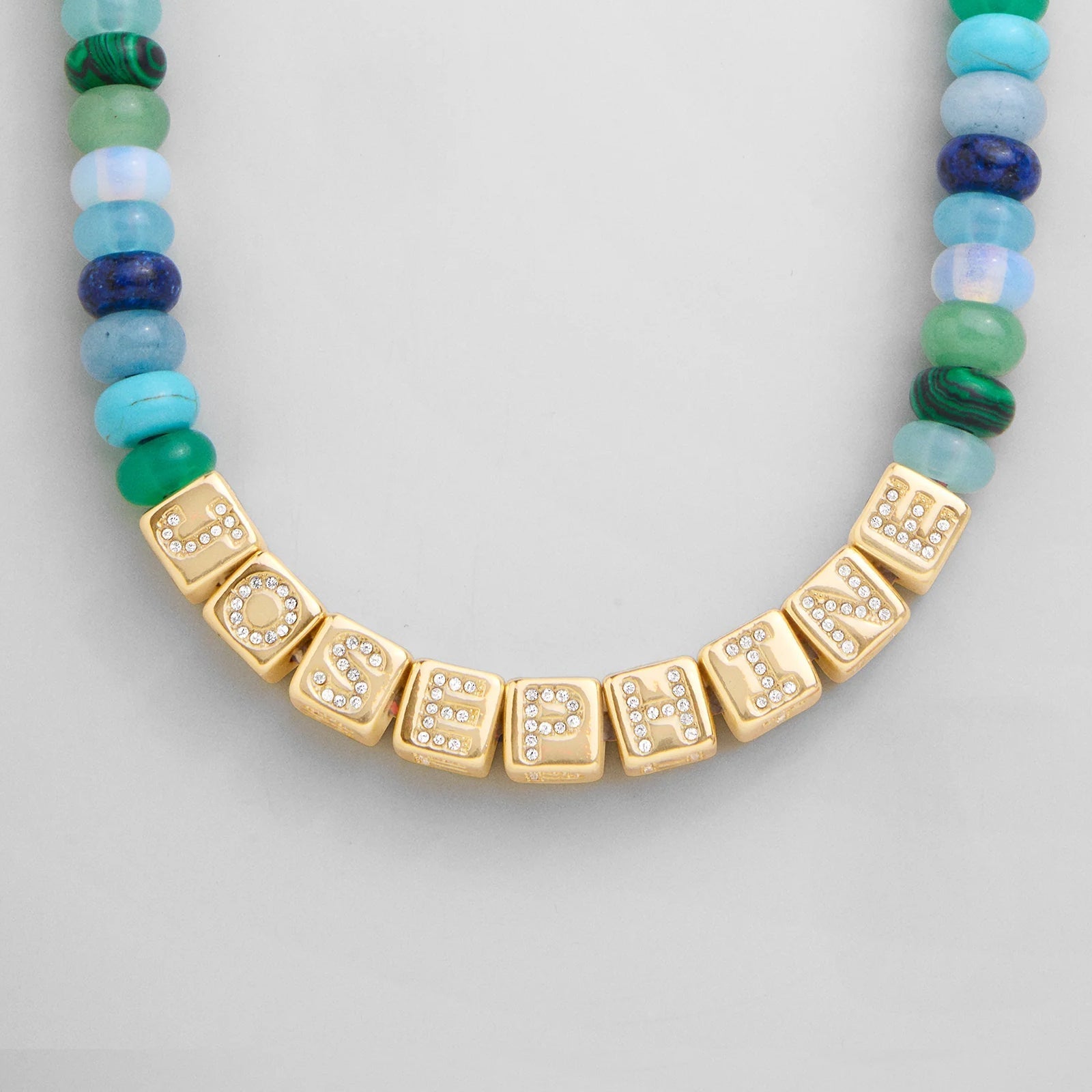 Block Letter Beaded Custom Necklace - Blue Multi