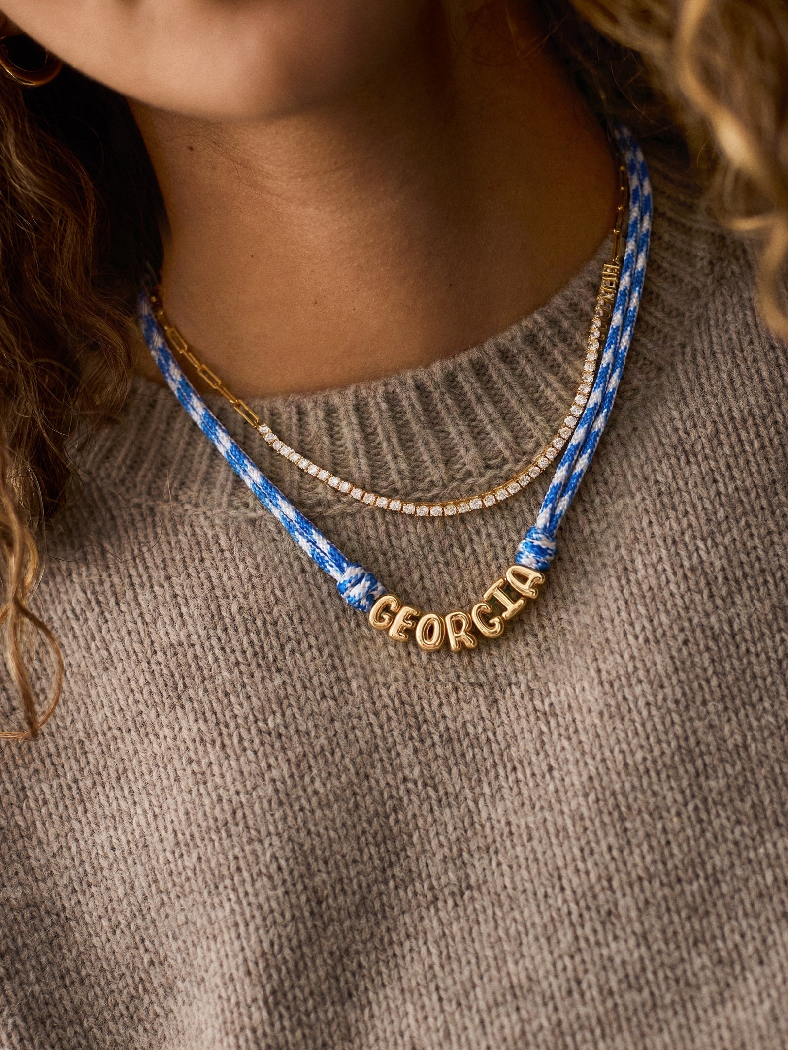 Bubble Letter Custom Paracord Necklace - Blue/White